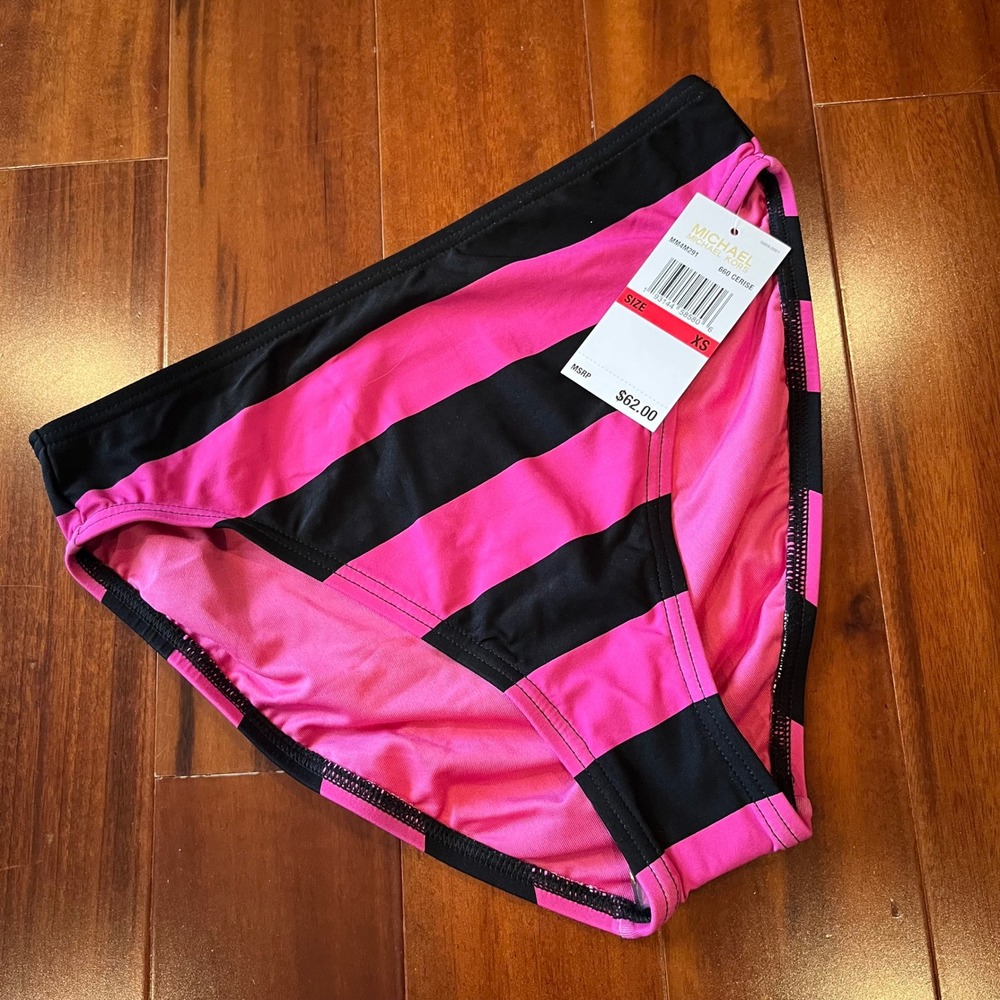 Michael Kors Stripe Bikini Bottom Swim Pink Black Beach Resort New‎ Size XS